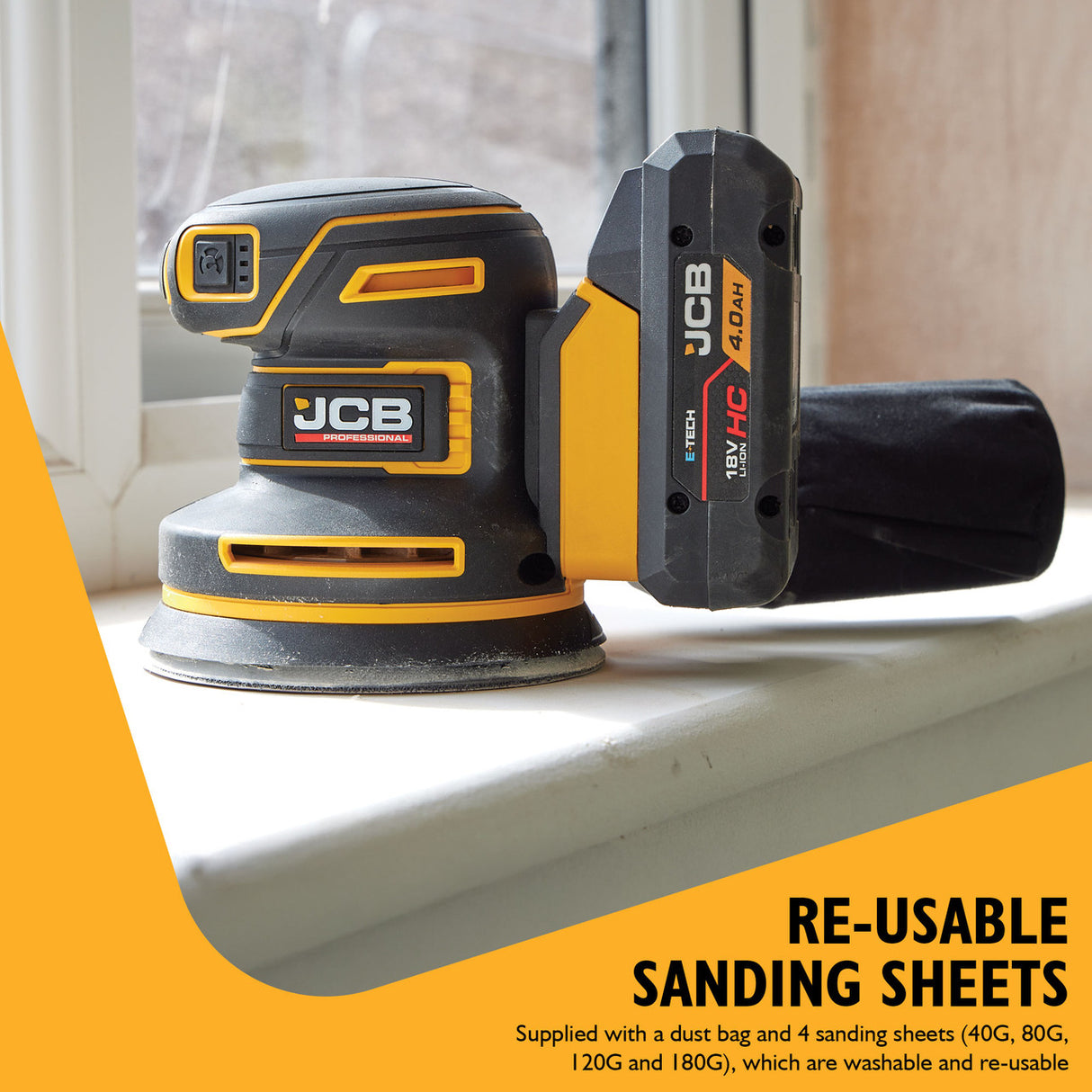 JCB Pro 18V Orbital Sander, 125mm, Brushless, Variable Speed, Dust Protected, Incl. 4x Mesh Sanding Sheets (Bare Tool) | JCB-18POS-125
