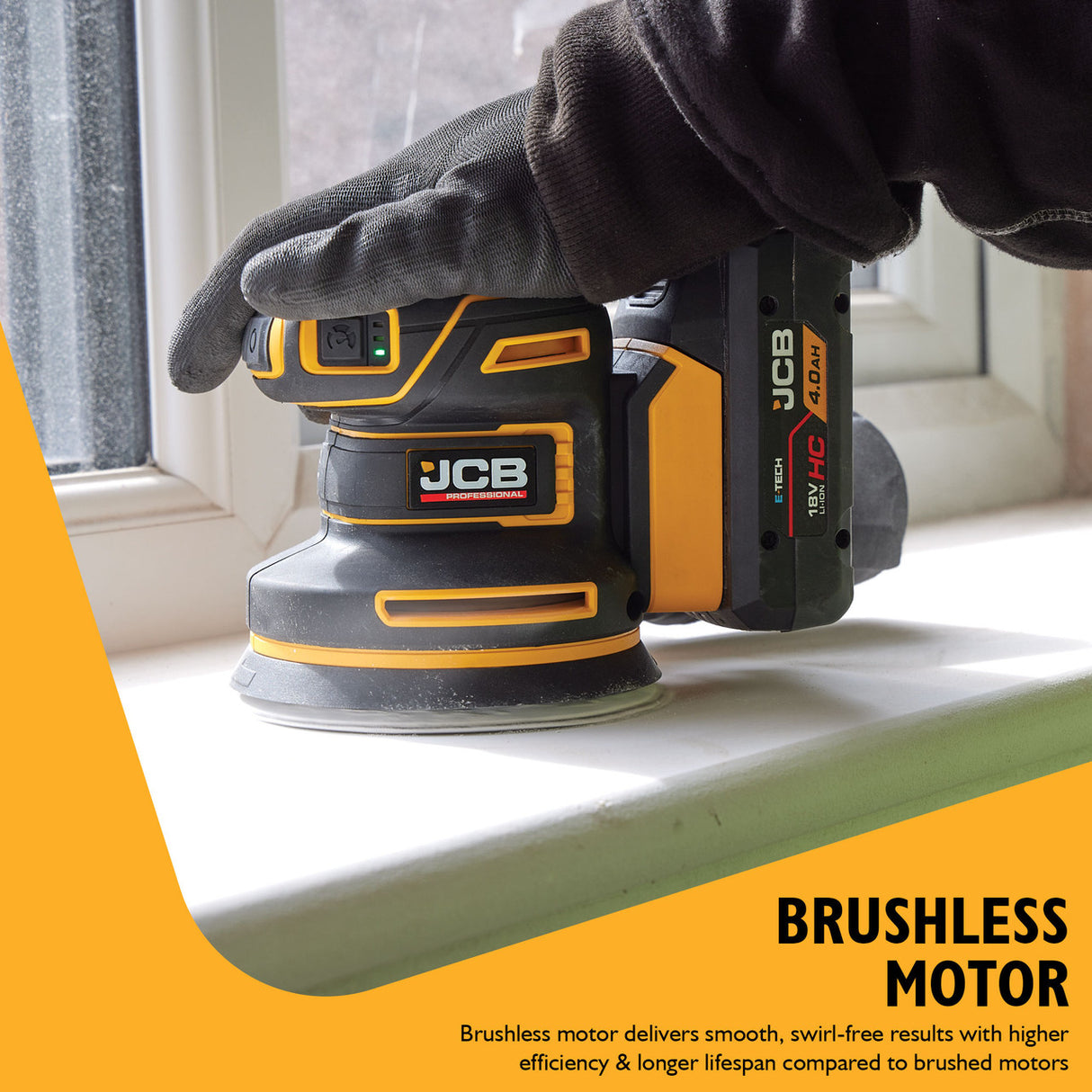JCB Pro 18V Orbital Sander, 125mm, Brushless, Variable Speed, Dust Protected, Incl. 4x Mesh Sanding Sheets (Bare Tool) | JCB-18POS-125