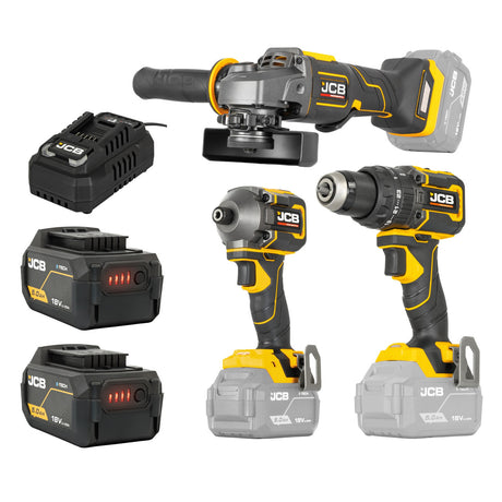 JCB Pro 18V Kit, Combi Drill (75Nm), Impact Driver (230Nm), Angle Grinder (115mm), 2x 5Ah Batteries, 4.5A Fast Charger & Soft Tool Bag |JCB-18PKIT-7