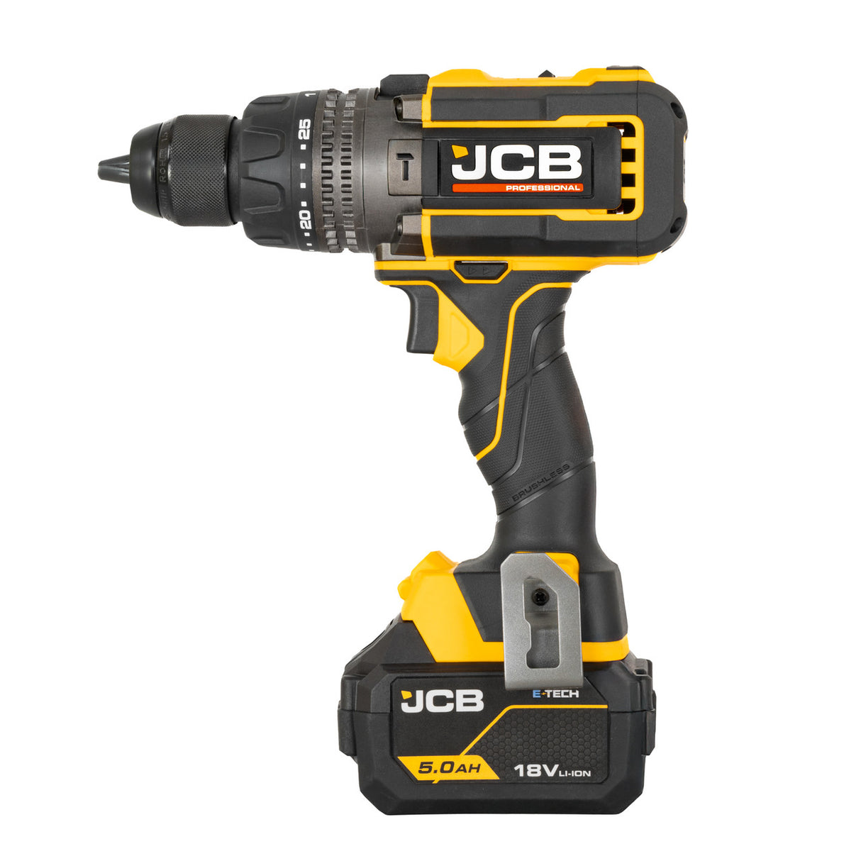 JCB Pro 18V Combi Drill 160Nm, Brushless, Anti-Kickback & Variable Speed, 25+3 Torque, 2x 5.0Ah Lithium-ion Batteries & 4.5A Charger | JCB-18PCD-160-5