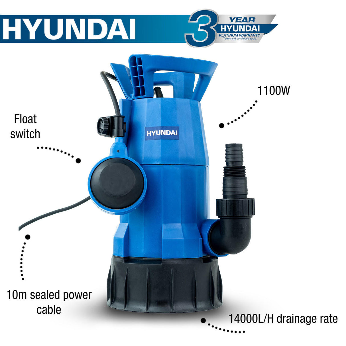 Hyundai 1100W Submersible Water Pump, 25-32mm / 1- 1/2'' Hose, Clean and Dirty Water, 7m Lift | HYSP1100CD