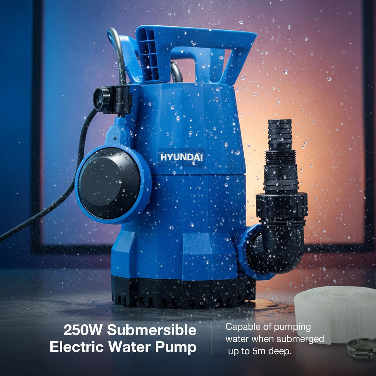 Hyundai 250W Submersible Water Pump, 25-32mm / 1 - 1/2" Hose, Lightweight, Clean Water, 6m Lift | HYSP250CW