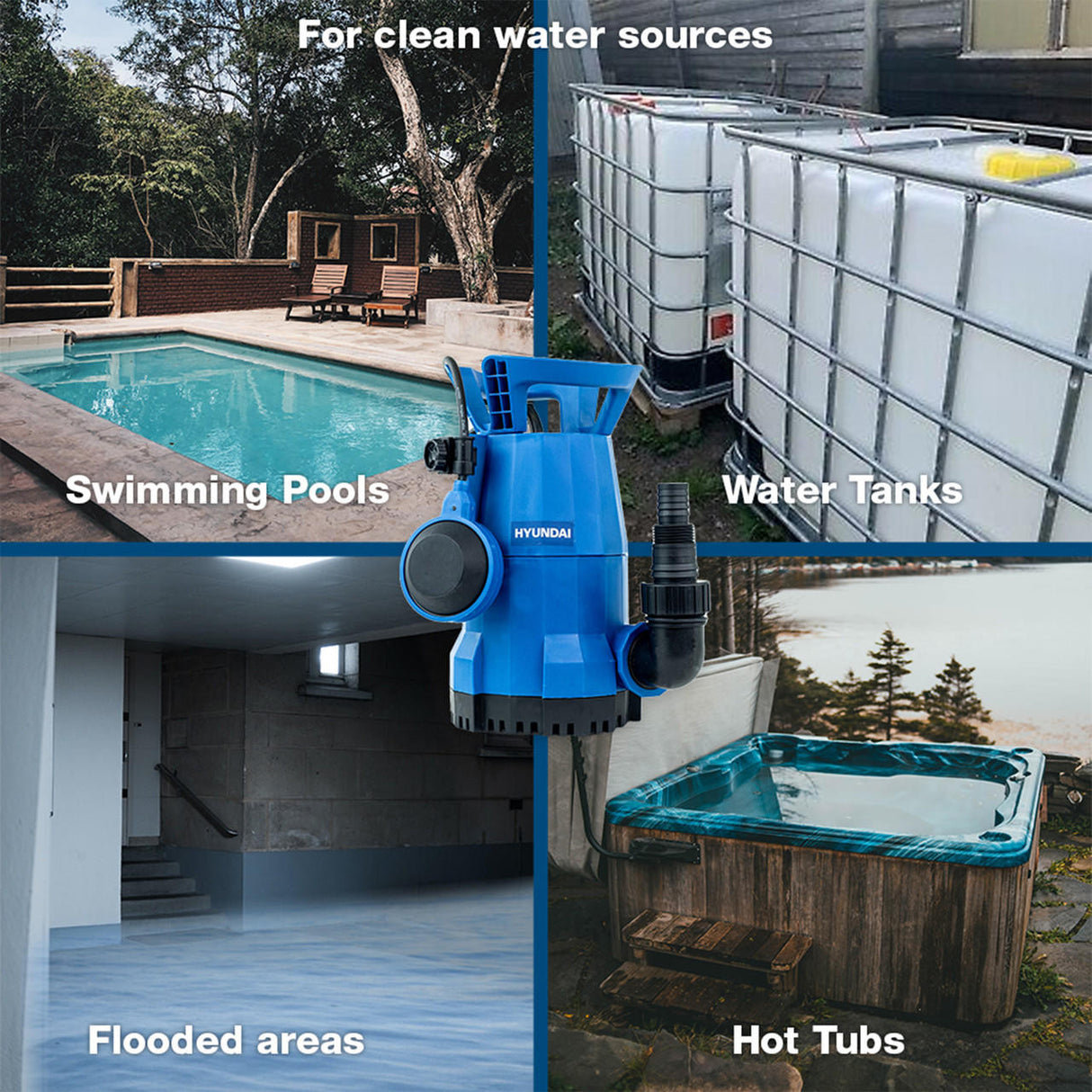 Hyundai 250W Submersible Water Pump, 25-32mm / 1 - 1/2" Hose, Lightweight, Clean Water, 6m Lift | HYSP250CW