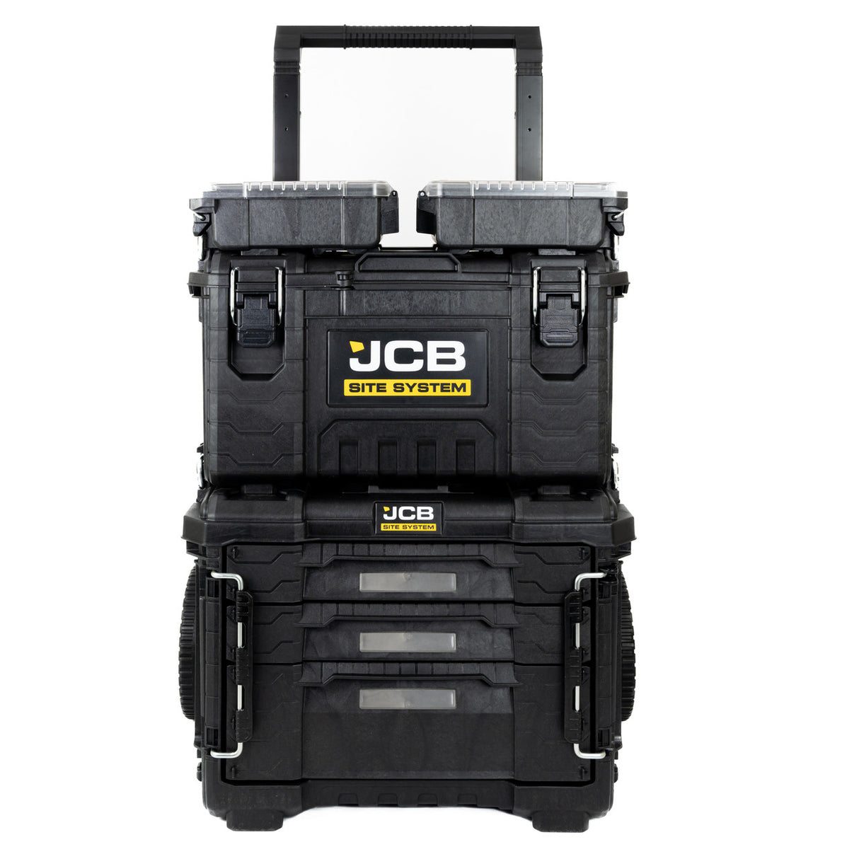 This set includes the JCB Site System Cart, 2 x Half Storage Organisers, JCB Site System Tool Box and a 3 Drawer Organiser.