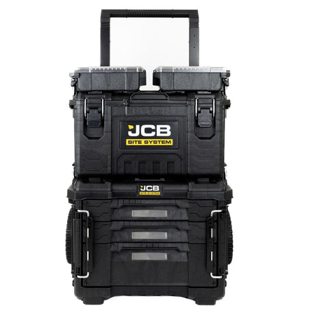 This set includes the JCB Site System Cart, 2 x Half Storage Organisers, JCB Site System Tool Box and a 3 Drawer Organiser.