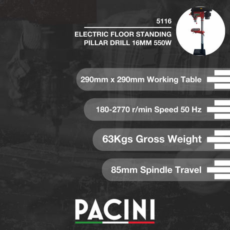 Pacini Electric Floor Standing Pillar Drill 16mm 550W | 5116