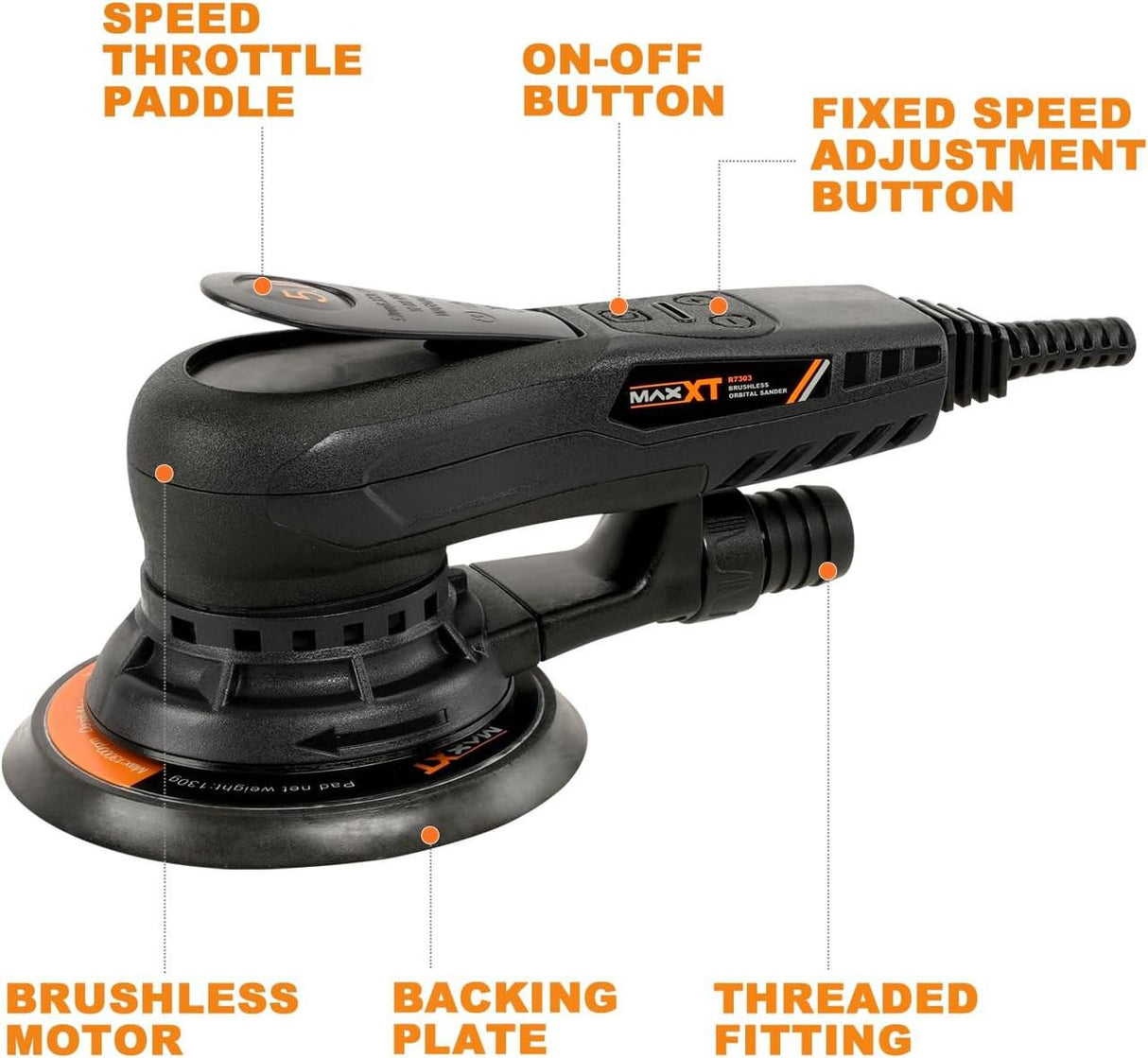 MAXXT 150mm Orbital Sander, 110V, 350W Brushless Motor, 6-Speed 4000-10000 RPM | R7303-4-UK3