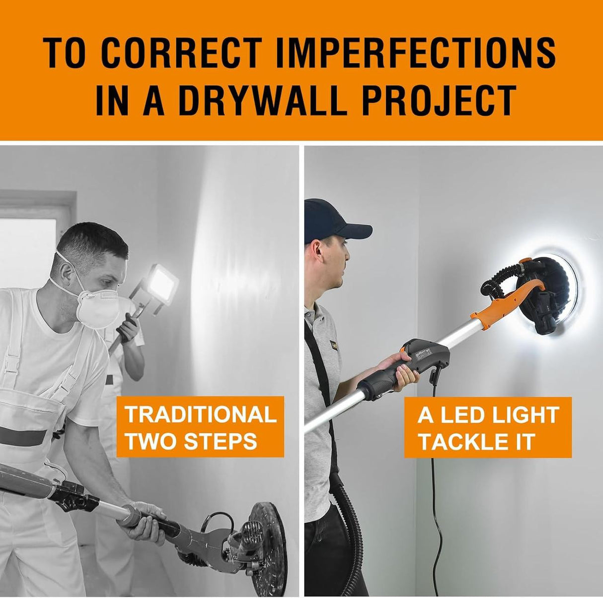 MAXXT Electric Drywall Sander, LED Light, Telescopic Handle, Self-Priming System, 225mm Sanding Disc, Variable Speed (600–1900 RPM) | R7202-F-UK