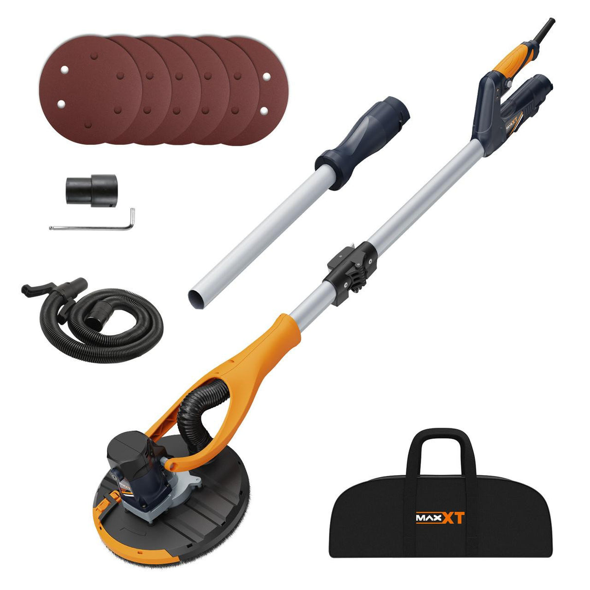 MAXXT Plasterboard Sander, 180° Swivel Head, Telescopic Handle (1.2m/1.7m), Dust Extraction Connection, 6 Sanding Discs & Carry Bag | MLS710B-UK