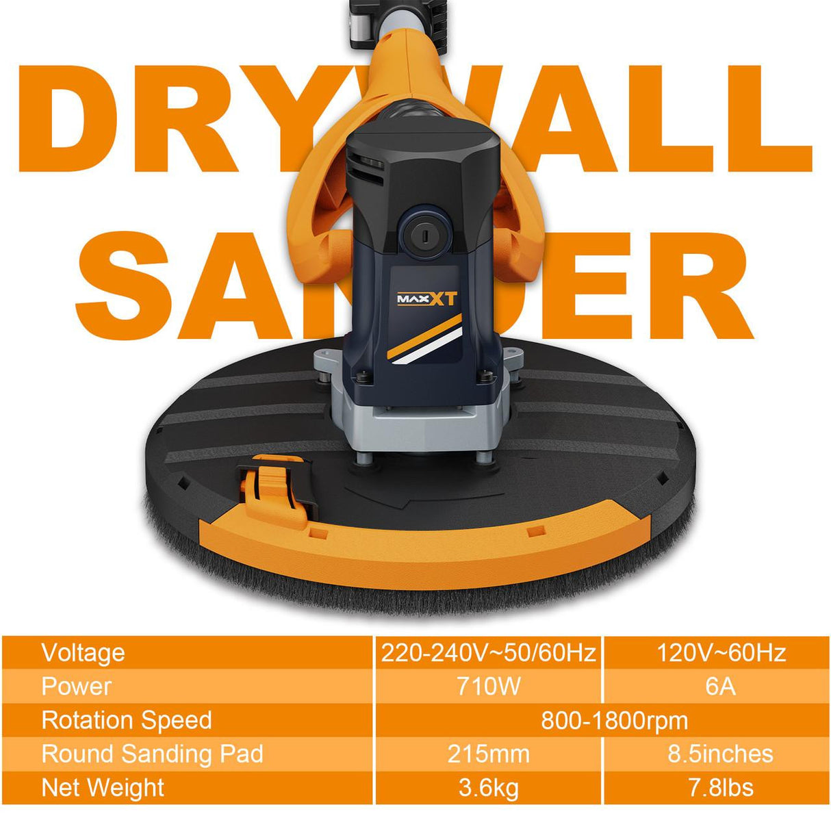 MAXXT Plasterboard Sander, 180° Swivel Head, Telescopic Handle (1.2m/1.7m), Dust Extraction Connection, 6 Sanding Discs & Carry Bag | MLS710B-UK