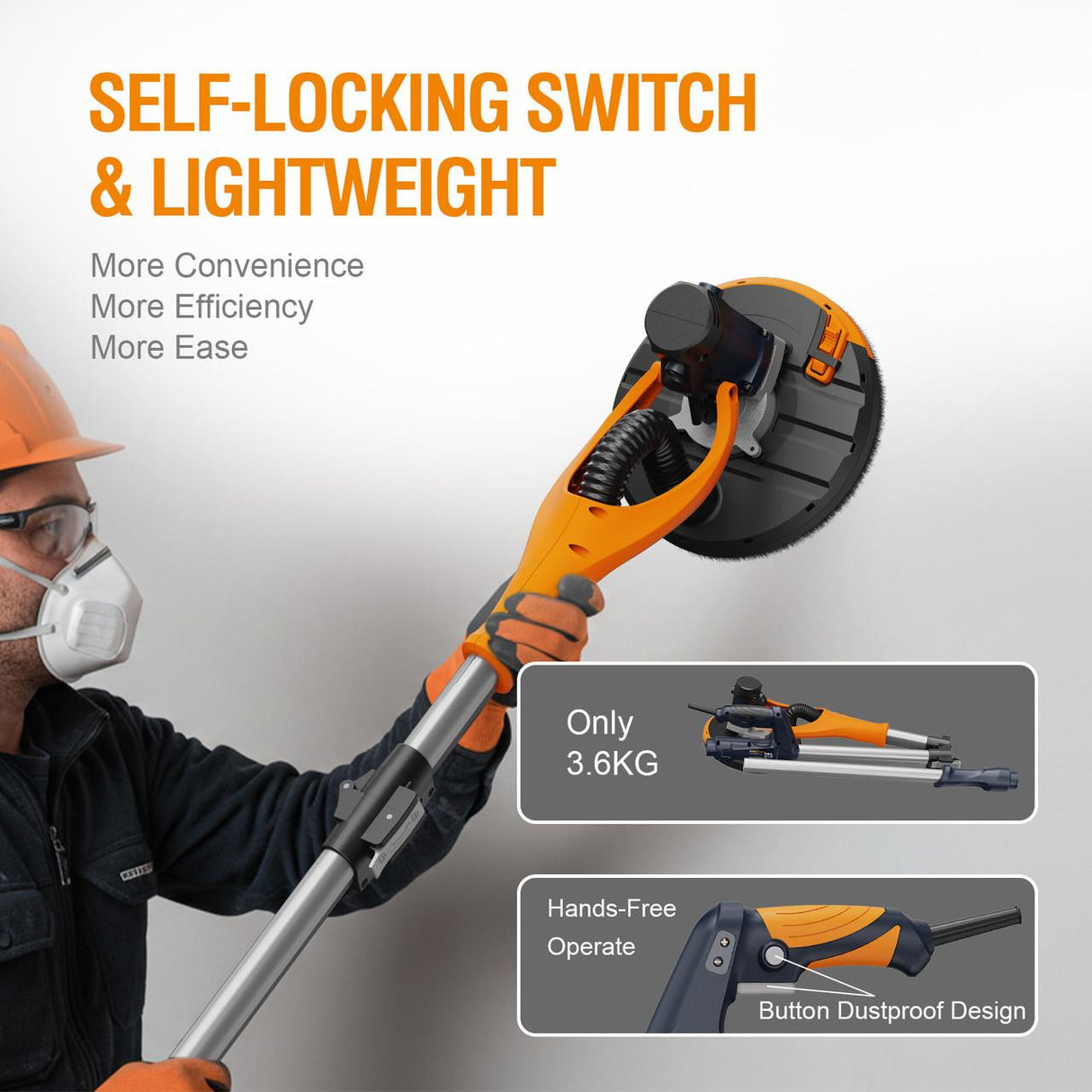 MAXXT Plasterboard Sander, 180° Swivel Head, Telescopic Handle (1.2m/1.7m), Dust Extraction Connection, 6 Sanding Discs & Carry Bag | MLS710B-UK