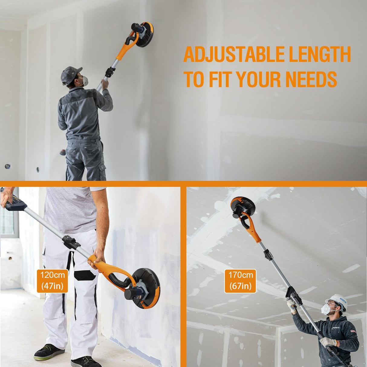MAXXT Plasterboard Sander, 180° Swivel Head, Telescopic Handle (1.2m/1.7m), Dust Extraction Connection, 6 Sanding Discs & Carry Bag | MLS710B-UK
