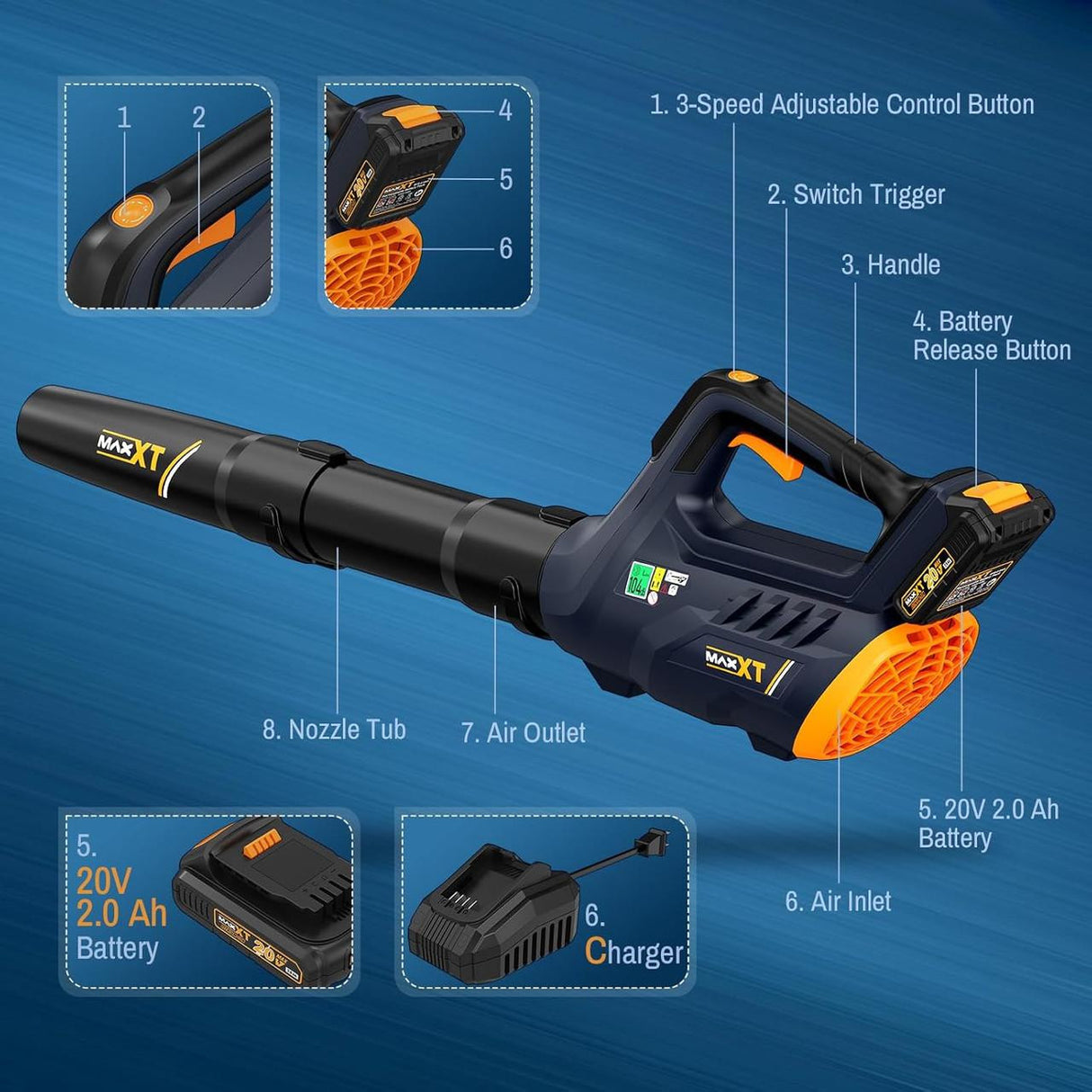 MAXXT 20V Cordless Leaf Blower, 200Mph Air 3-Speed, 2Ah Li-ion Battery and Charger | BG4201-UK