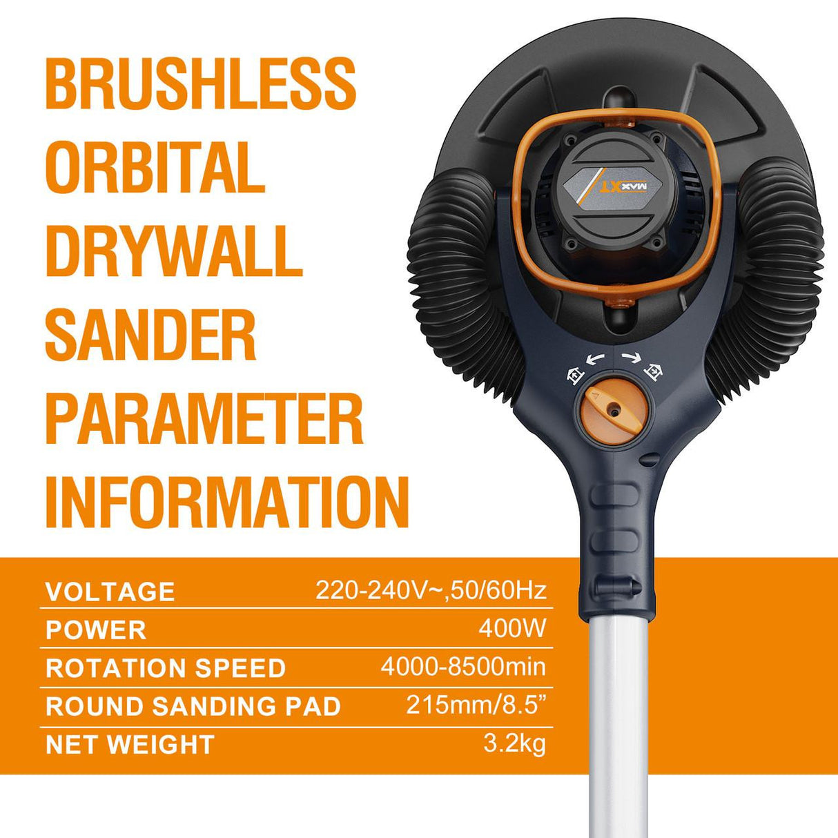 MAXXT Brushless Orbital Drywall Sander, 4mm Orbit , 400W, 215mm Pad , 1.65m Extension Pole  | MBLS400FB-UK
