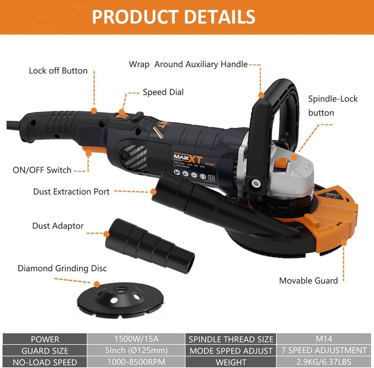 MAXXT 1500W Concrete Grinder Sander, 1000–8500RPM, 7 Variable Speeds, 125mm Discs, Removable Guard, 2 Diamond Grinding Wheels | R7507-UK1