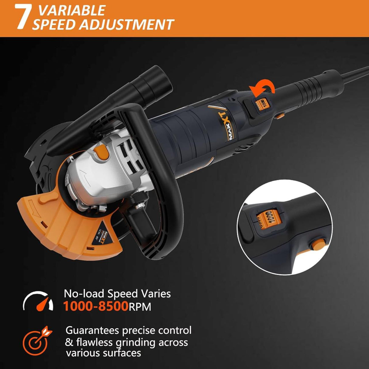 MAXXT 1500W Concrete Grinder Sander, 1000–8500RPM, 7 Variable Speeds, 125mm Discs, Removable Guard, 2 Diamond Grinding Wheels | R7507-UK1