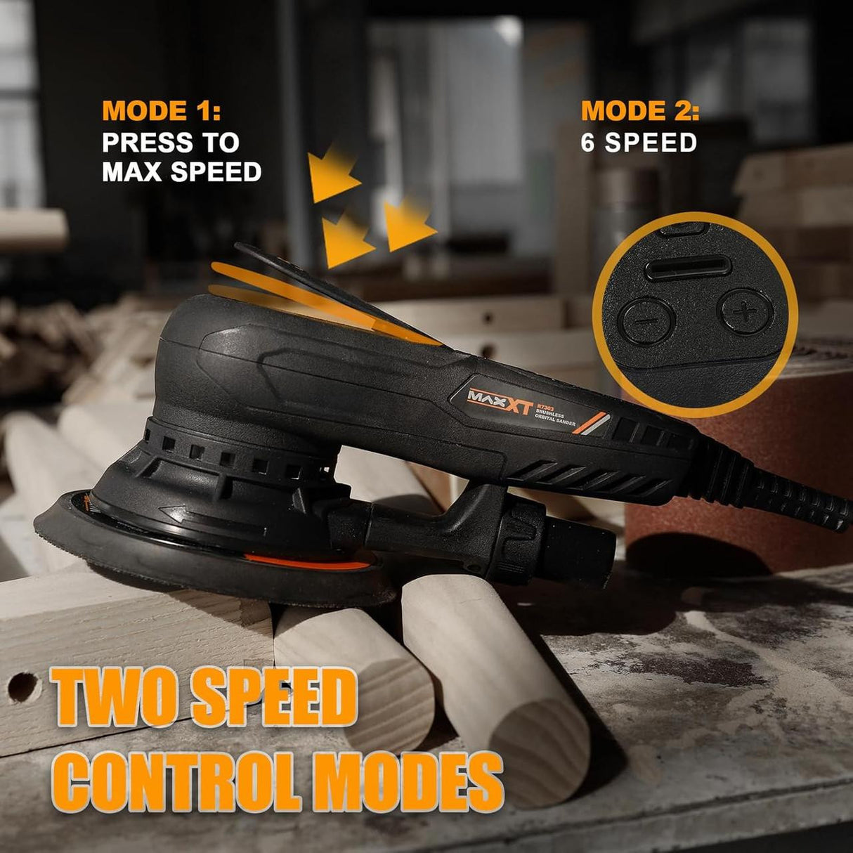MAXXT 230V Brushless Electric 5.0mm Orbital Sander, 150mm & 125mm Pads, Dual-Speed Control, Central Vac, Inc. Case & Sanding Discs | R7303-4-UK5