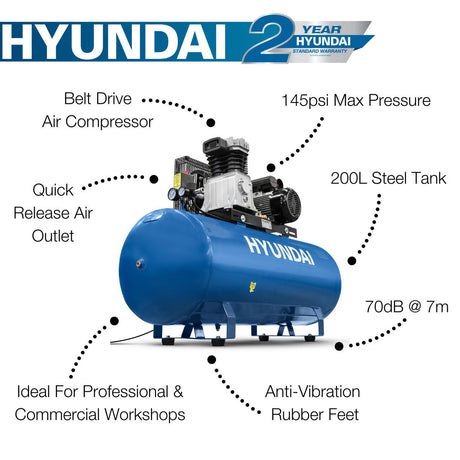 Hyundai 200 Litre Air Compressor, 14CFM/145psi, Electric 3hp | HY3200S