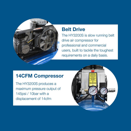Hyundai 200 Litre Air Compressor, 14CFM/145psi, Electric 3hp | HY3200S