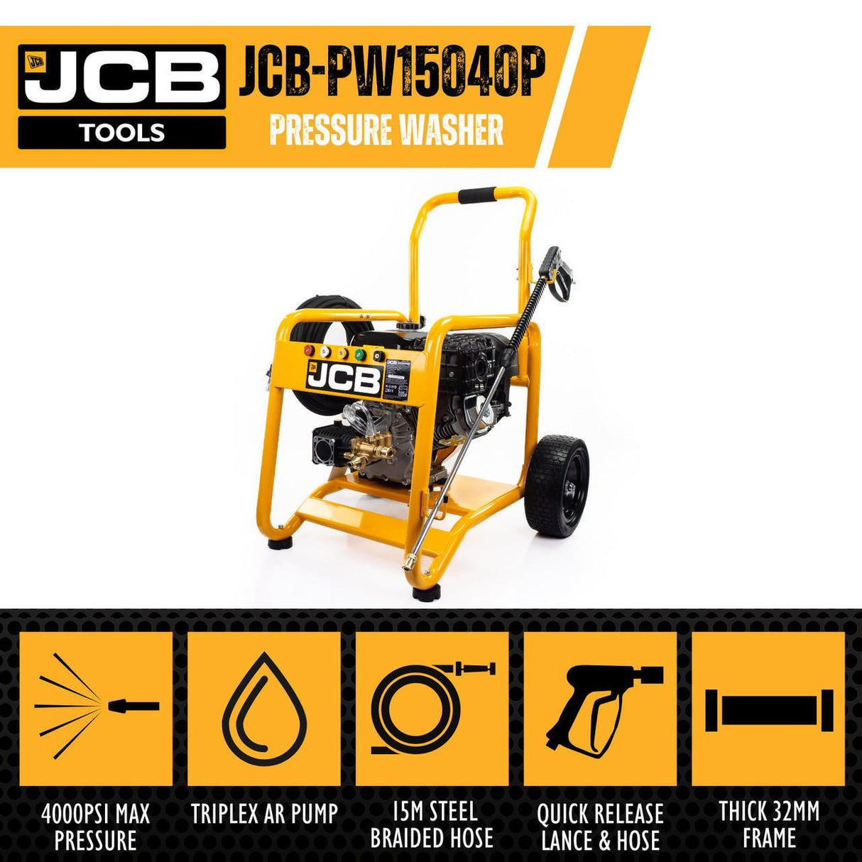 jcb tools JCB Petrol Pressure Washer 4000psi / 276bar, 457cc JCB engine, Triplex AR pump, 15L/min flow rate | JCB-PW15040P