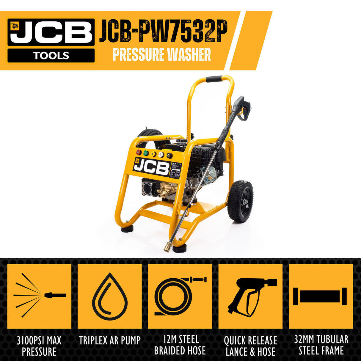 jcb tools JCB Petrol Pressure Washer 3100psi / 213bar, 224cc JCB engine, Triplex AR pump, 10.7L/min flow rate | JCB-PW7532P