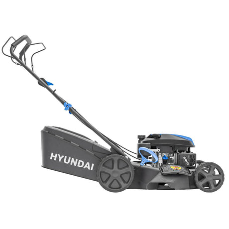 Hyundai 196cc petrol lawn mower front view with wide cutting deck