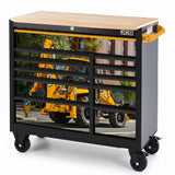 JCB 42’’ Roller Tool Cabinet, 11 Drawers, Steel with Hardwood Worktop and Backhoe Loader Wrap | JCBBHLRCBB