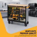 JCB 42’’ Roller Tool Cabinet, 11 Drawers, Steel with Hardwood Worktop and Backhoe Loader Wrap | JCBBHLRCBB