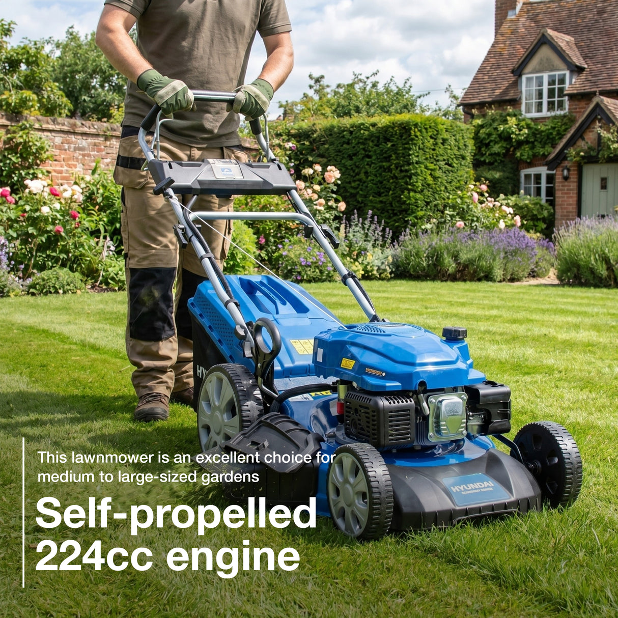 Hyundai 21'' / 53cm 224cc 4-in-1 Electric-Start Self-Propelled Petrol Lawnmower, Mulch, Rear & Side Discharge, Hose Connector | HYM530SPEX