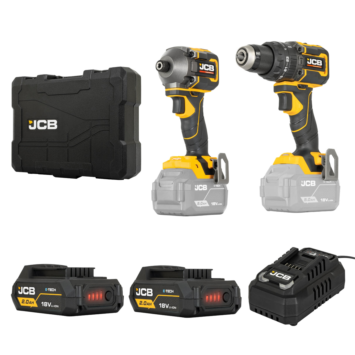 JCB Pro 18V Kit, 75Nm Combi Drill, Impact Driver, 2x 5.0Ah Batteries & 4.5A Fast Charger (in Carry Case)| JCB-18PKIT-2