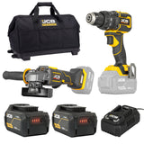 JCB Pro 18V Pro, 75Nm Combi Drill, 115mm Angle Grinder, 2x 5.0Ah Li-ion Batteries & 4.5A Fast Charger (with Soft Tool Bag) | JCB-18PKIT-4