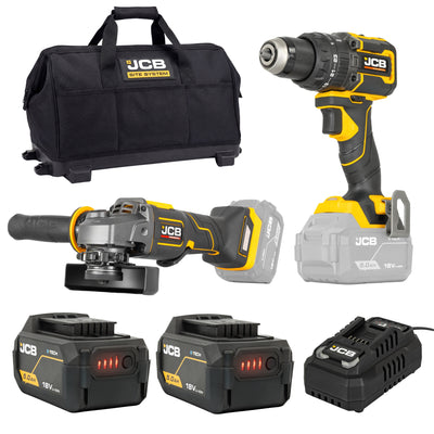 JCB Pro 18V Pro, 75Nm Combi Drill, 115mm Angle Grinder, 2x 5.0Ah Li-ion Batteries & 4.5A Fast Charger (with Soft Tool Bag) | JCB-18PKIT-4