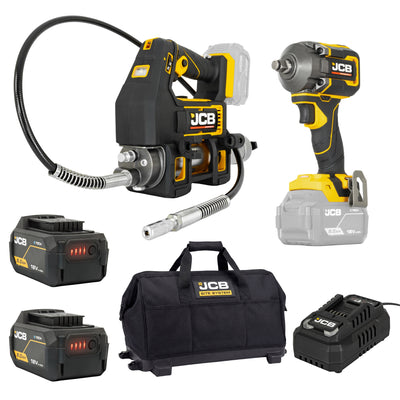 JCB Pro 18V Kit ½” Impact Wrench, Grease Gun, 2x 5.0Ah Batteries & 4.5A Fast Charger (with Soft Tool Bag)| JCB-18PKIT-5
