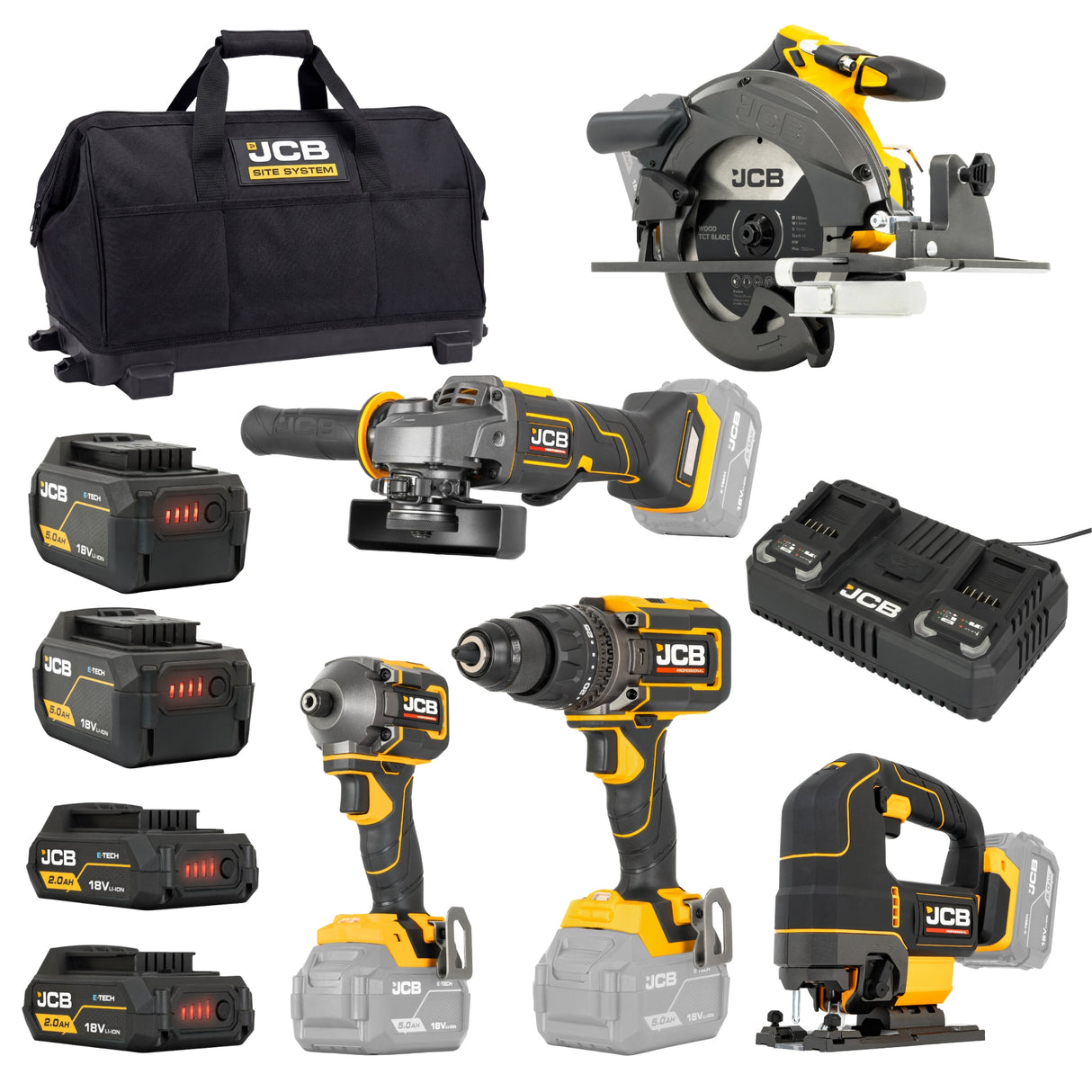 JCB Pro 18V 5-Piece Pro Kit, Combi Drill (160Nm), Impact Driver (230Nm), Circular Saw (185mm), Angle Grinder (115mm), Jigsaw, 2x2Ah & 2x5Ah Batteries, Dual 4.5A Fast Charger & Soft Tool Bag | JCB-18PKIT-8