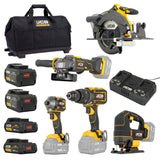 JCB Pro 18V 5-Piece Pro Kit, Combi Drill (160Nm), Impact Driver (230Nm), Circular Saw (185mm), Angle Grinder (115mm), Jigsaw, 2x2Ah & 2x5Ah Batteries, Dual 4.5A Fast Charger & Soft Tool Bag | JCB-18PKIT-8