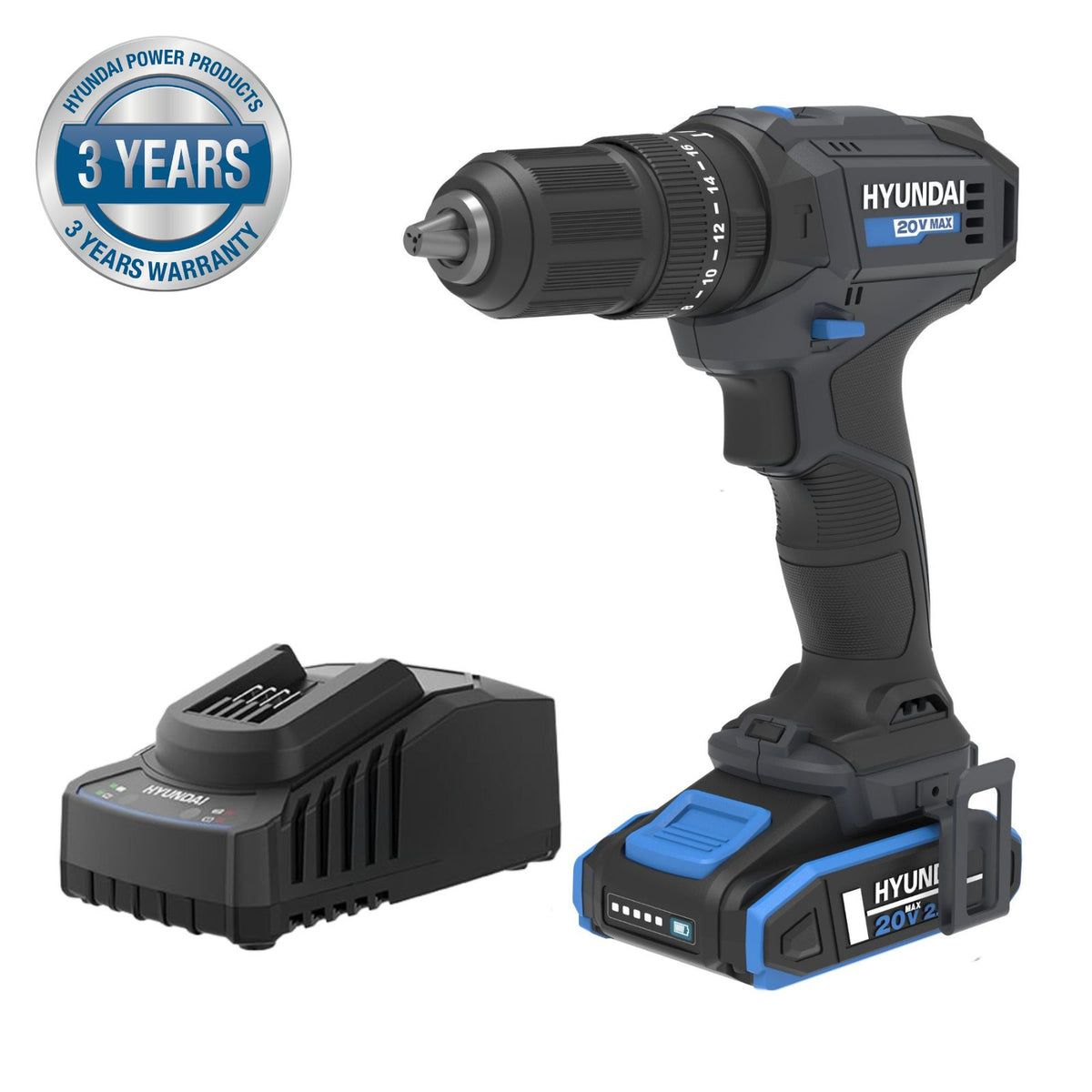 Hyundai 20V 50Nm Cordless Hammer Drill, 2-Speed, 13 mm Chuck LED Light | HD20S-50