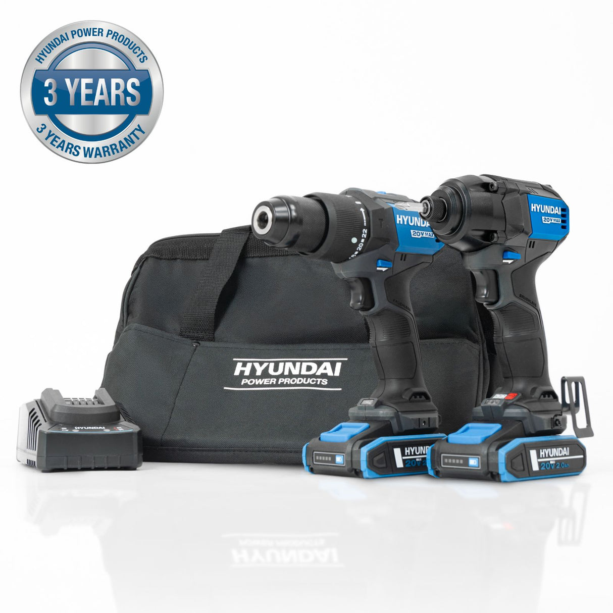 Hyundai 20V Cordless 65Nm Hammer Drill and 230Nm Impact Driver Brushless Kit, 2x 2.0Ah Li-ion Batteries and 2A Charger  | S01-T2B