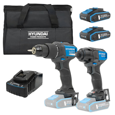 Hyundai 20V Cordless 65Nm Hammer Drill and 230Nm Impact Driver Brushless Kit, 2x 2.0Ah Li-ion Batteries and 2A Charger  | S01-T2B