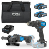 Hyundai 20V Cordless Hammer Drill 60Nm and Angle Grinder 115mm Brushless Kit, inc. 2.0Ah and 4.0Ah Li-ion Battery and 2A Charger  | S02-FTB