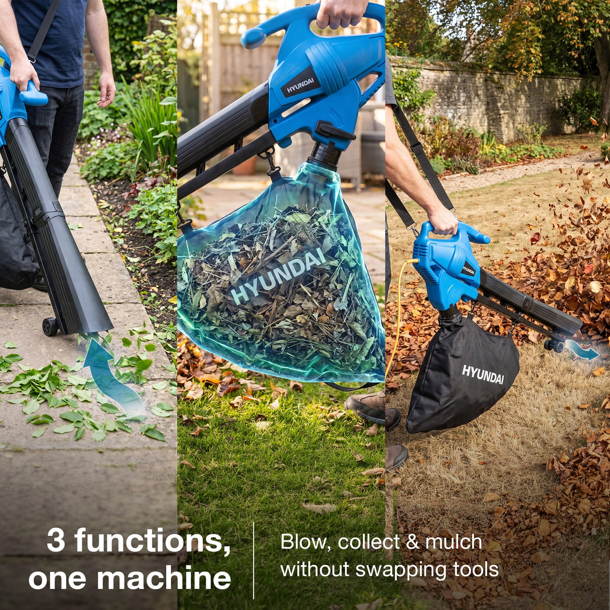 Hyundai 3000W Electric Leaf Blower & Vacuum, 3-in-1, 34L Collection Bag | HYBV3000E3