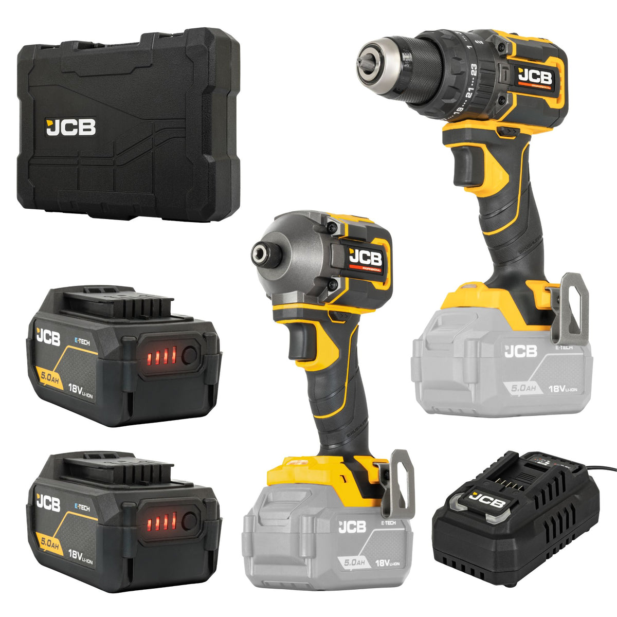 JCB Pro 18V Kit, 75Nm Combi Drill, Impact Driver, 2x 5.0Ah Batteries & 4.5A Fast Charger (in Carry Case)| JCB-18PKIT-2