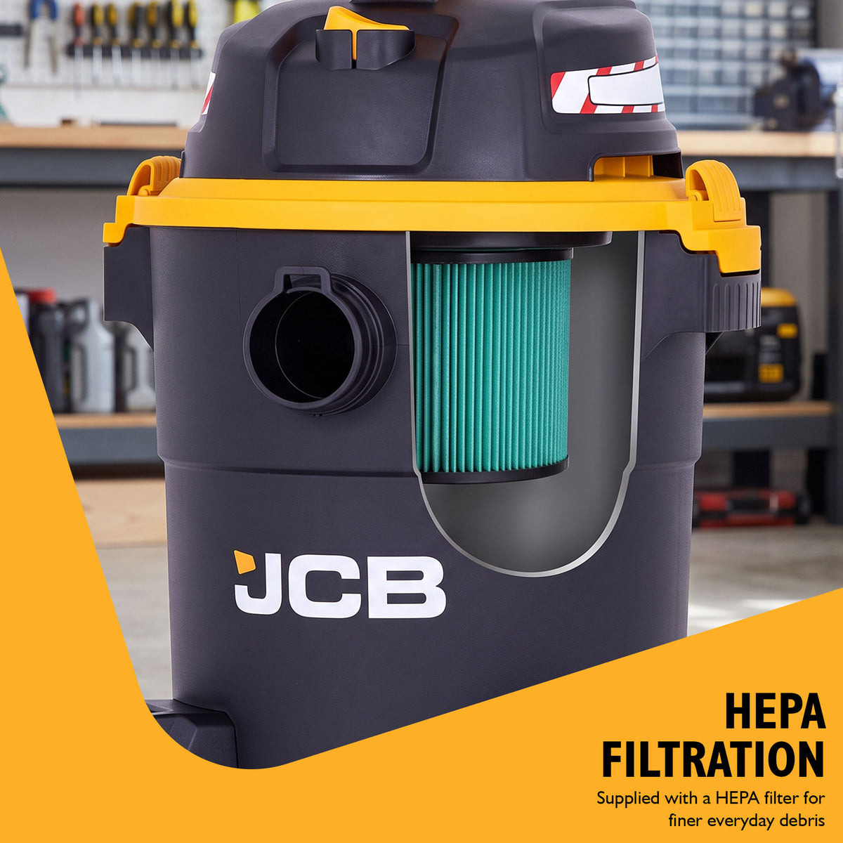 JCB, 23L HEPA Wet & Dry Vacuum Cleaner, 24L/s Airflow & 16kPa Suction | JCB-VACP-23H