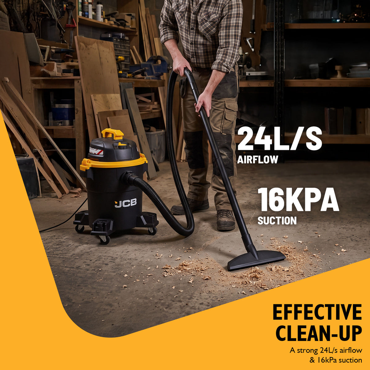JCB, 23L HEPA Wet & Dry Vacuum Cleaner, 24L/s Airflow & 16kPa Suction | JCB-VACP-23H
