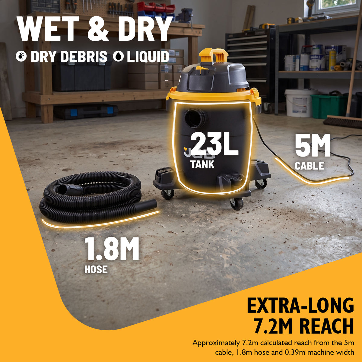 JCB, 23L HEPA Wet & Dry Vacuum Cleaner, 24L/s Airflow & 16kPa Suction | JCB-VACP-23H