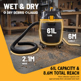 JCB, Silent Pro 61L L-Class Wet & Dry Vacuum Cleaner, 65dB(A) & 47L/s Airflow | JCB-SVACP-61L