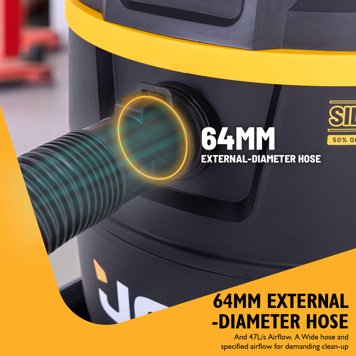 JCB, Silent Pro 61L L-Class Wet & Dry Vacuum Cleaner, 65dB(A) & 47L/s Airflow | JCB-SVACP-61L