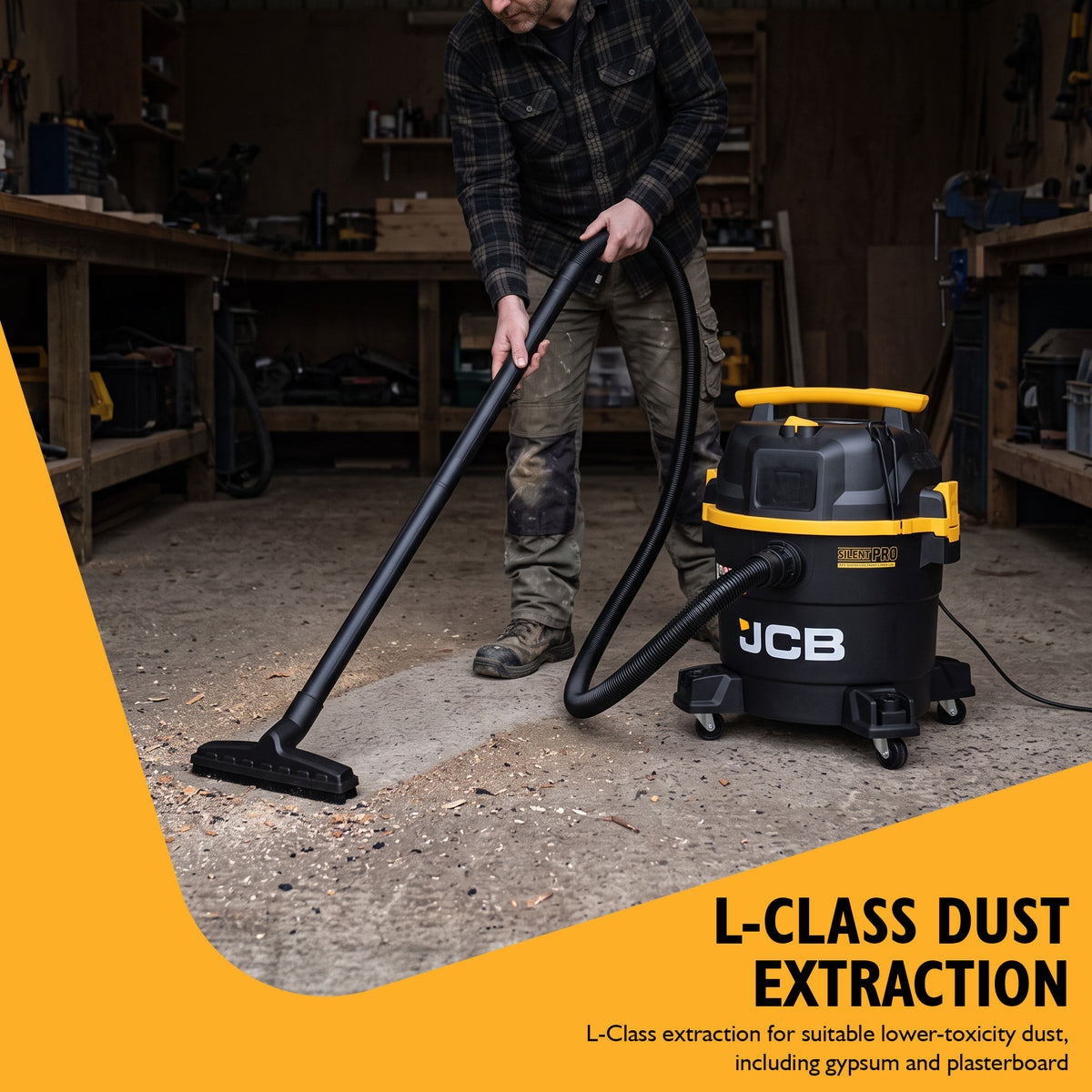 JCB, Silent Pro 34L L-Class Wet & Dry Vacuum Cleaner, 65dB(A) & 45L/s Airflow | JCB-SVACP-34L