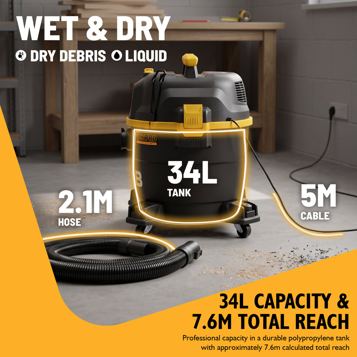 JCB, Silent Pro 34L L-Class Wet & Dry Vacuum Cleaner, 65dB(A) & 45L/s Airflow | JCB-SVACP-34L