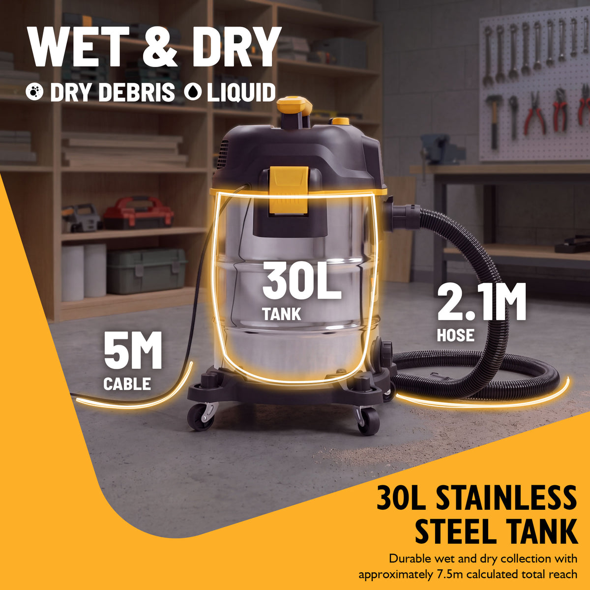 JCB, Silent Pro 30L L-Class Stainless Steel Wet & Dry Vacuum Cleaner, 65dB(A) | JCB-SVACS-30L