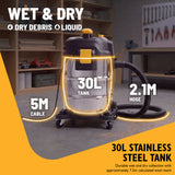 JCB, Silent Pro 30L L-Class Stainless Steel Wet & Dry Vacuum Cleaner, 65dB(A) | JCB-SVACS-30L